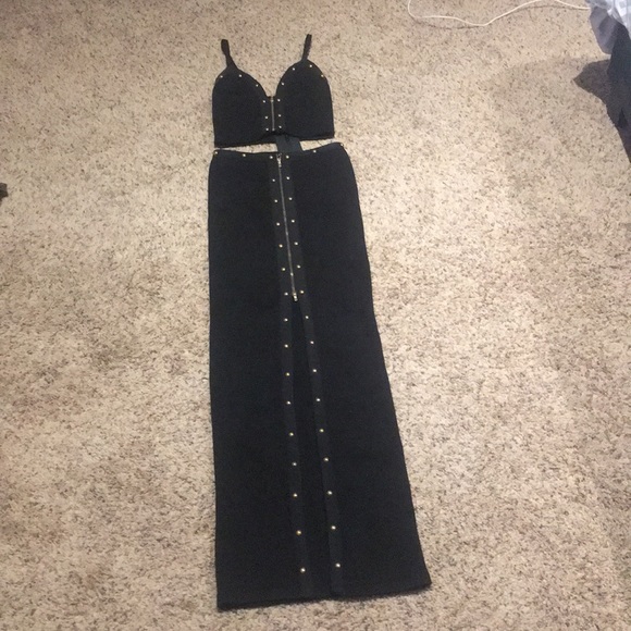 NWT Skirt & Top Set Ribbbed Gold Stud Maxi Outfit - Picture 2 of 5